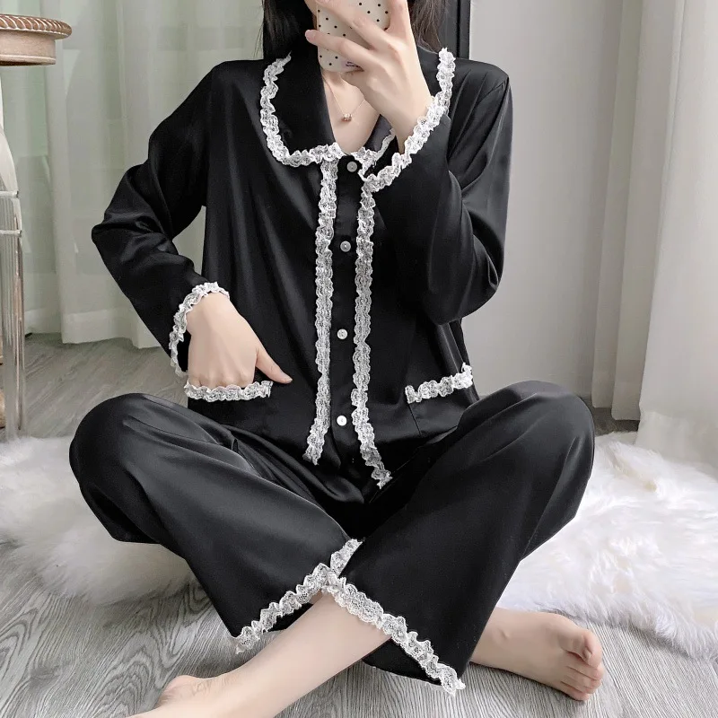 

Женский брючный пижамный комплект с длинными рукавами, весенне-осенние пижамы, черная одежда для сна, домашняя одежда, свободная повседневная ночная рубашка, домашняя одежда