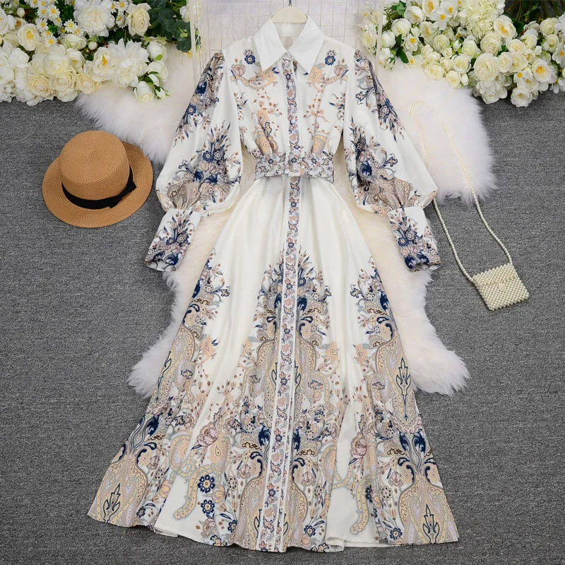 

European and American New Vintage Shirt Lapel Single Printed Breasted Temperament Long Dress