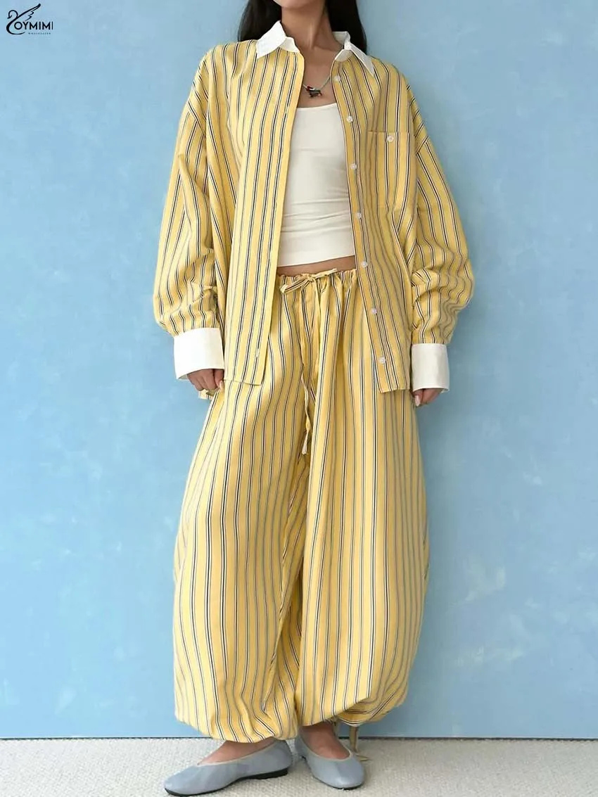 

Oymimi Fashion Yellow Print Woman 2 Piece Set Outfit Elegant Patchwork Long Sleeve Pockets Button Shirts + Drawstring Pants Sets