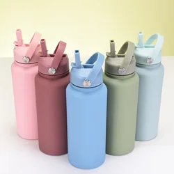 1L Sports WATER BOTTLE With Handle And Straw,Stainless Steel Large Capacity Vacuum Flasks,Drinkware,Large Mouth Gym Thermos CUP