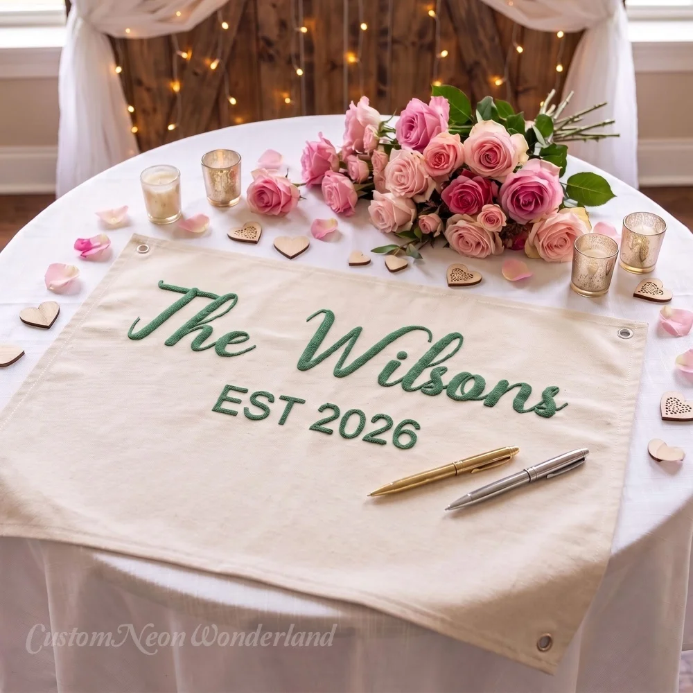 Custom Embroidered Wedding Guest Book Canvas Banner Personalized Family Last Name EST Sign Boho Wedding Guestbook Alternative