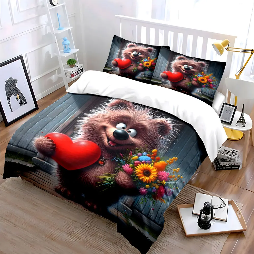 Adorable bear holding flowers heart gift Print Soft Comfortable Duvet Cover Bedding Set Included 1*Duvet Cover 2*Pillowcases