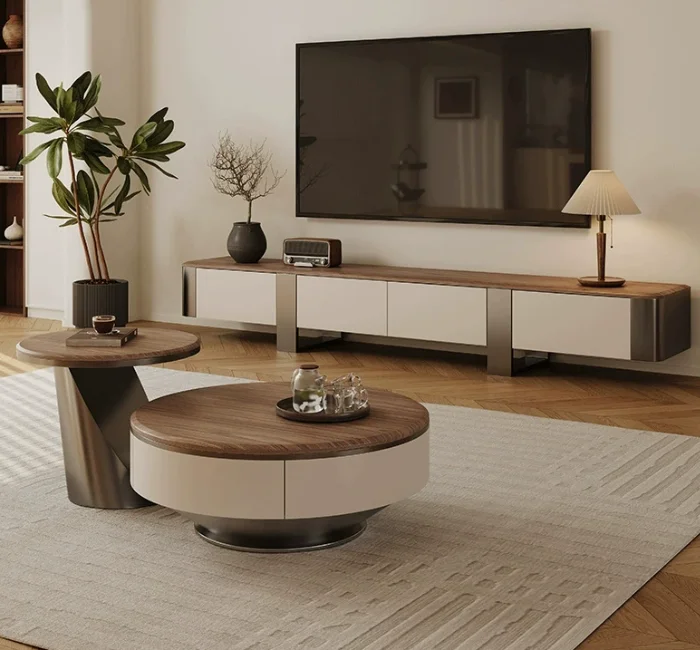 #Walnut Coffee Table and TV Stand Set with Stainless Steel Base Modern Luxury Cream-Toned Living Room Furniture Set with Storage