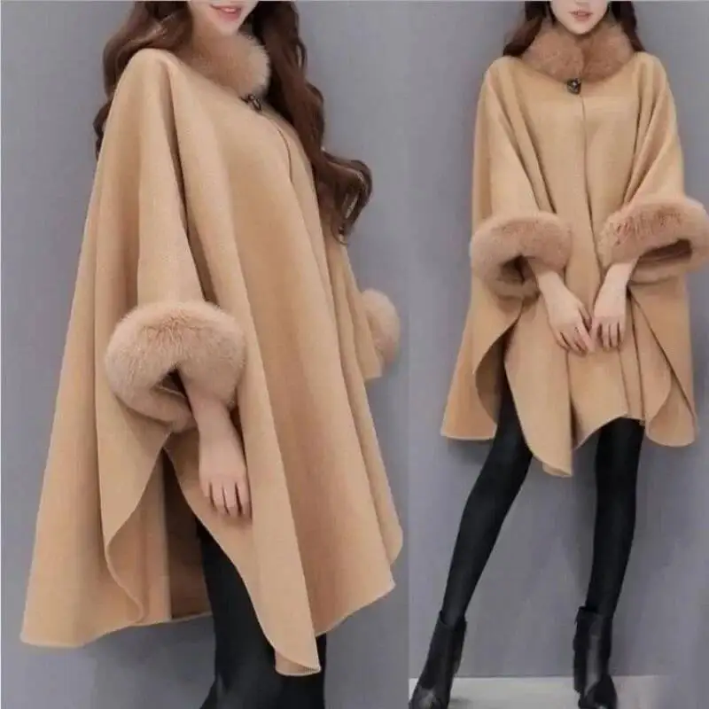 Elegant Autumn/Winter Large Rabbit Fur Collar Woolen Overcoat Medium-Length Mantle Jacket For Women