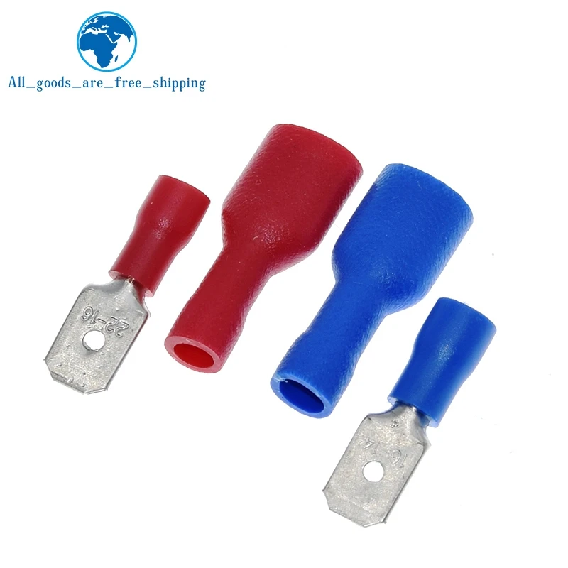 

100pcs 50pairs 6.3mm 16-14AWG Female Male Electrical Wiring Connector Insulated Crimp Spade Blue Red