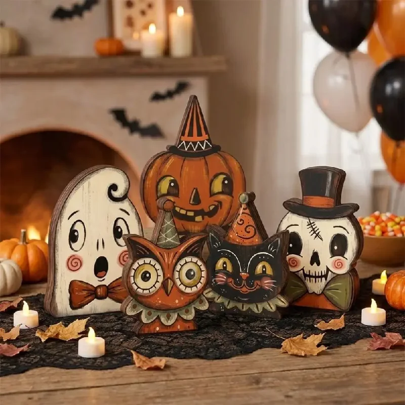 Cartoon Halloween Wooden Tabletop Sign Farmhouse Style Double Sided Pattern Ghost Pumpkin Owl Ornaments Hand Painted Integrated