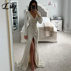 Lily Silver V Neck Special Occasion Dresses Sequin Glitter Formal Gown Long Mermaid Sexy Pleat Evening Dress vestidos de fiesta