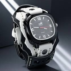 New Watch Men's Big Dial Square Clock Punk Sport Handmade Stitching Genuine Leather Strap Quartz Watch Wide Wristband Bangles