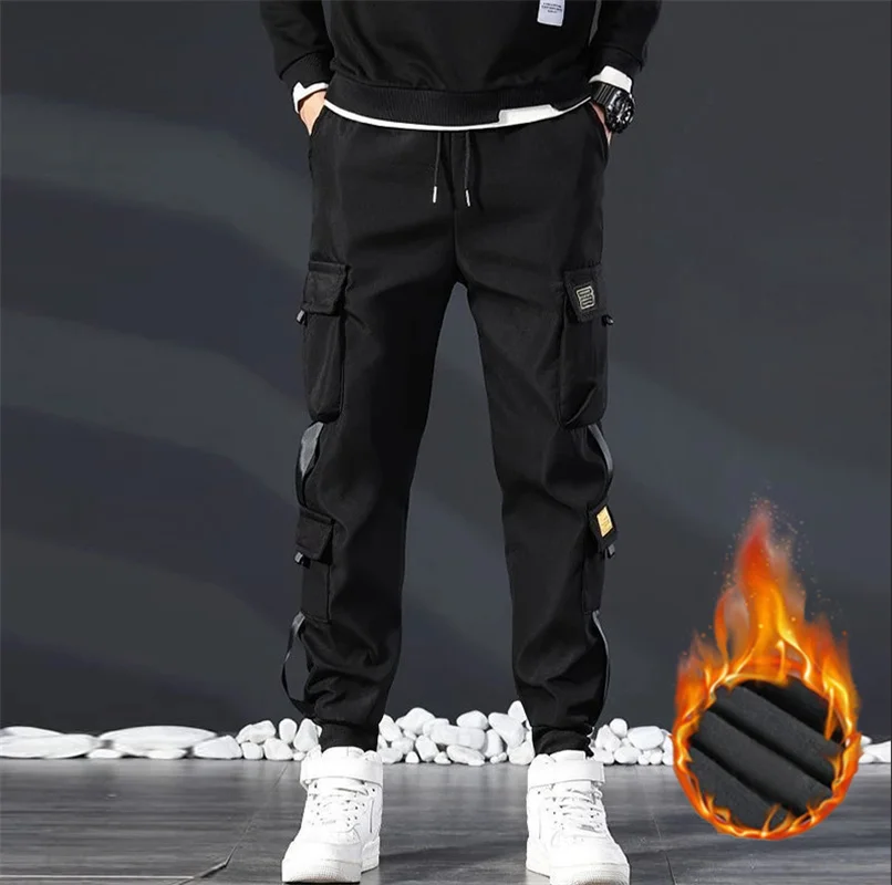 2024 The latest trend all-in-one plus fleece thickened corkage pants overalls boys spring summer autumn casual sports pants