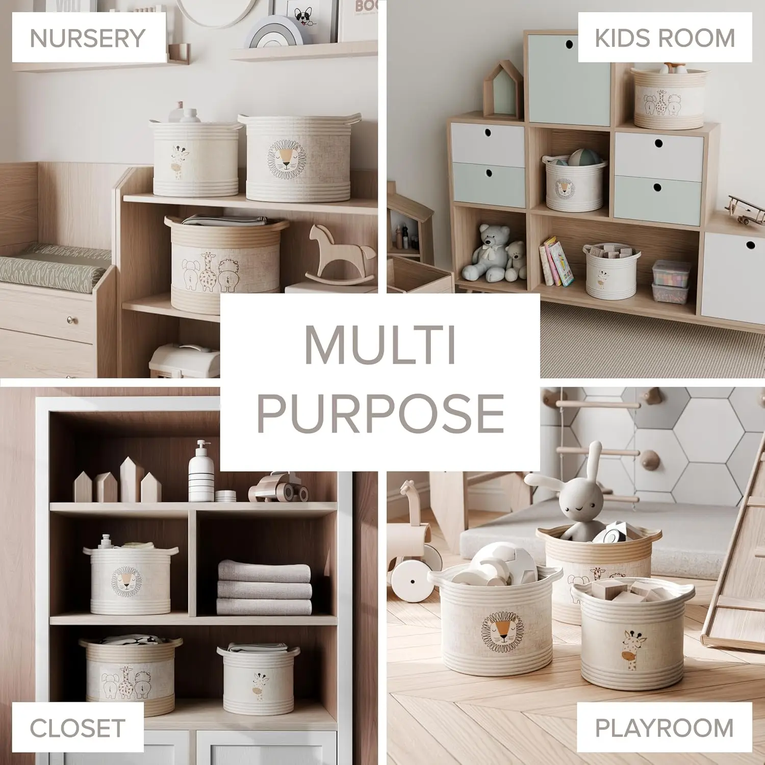 Cestas de armazenamento decorativas para vida selvagem - conjunto de 3 com alça para fácil transporte em marfim, bronzeado e linho