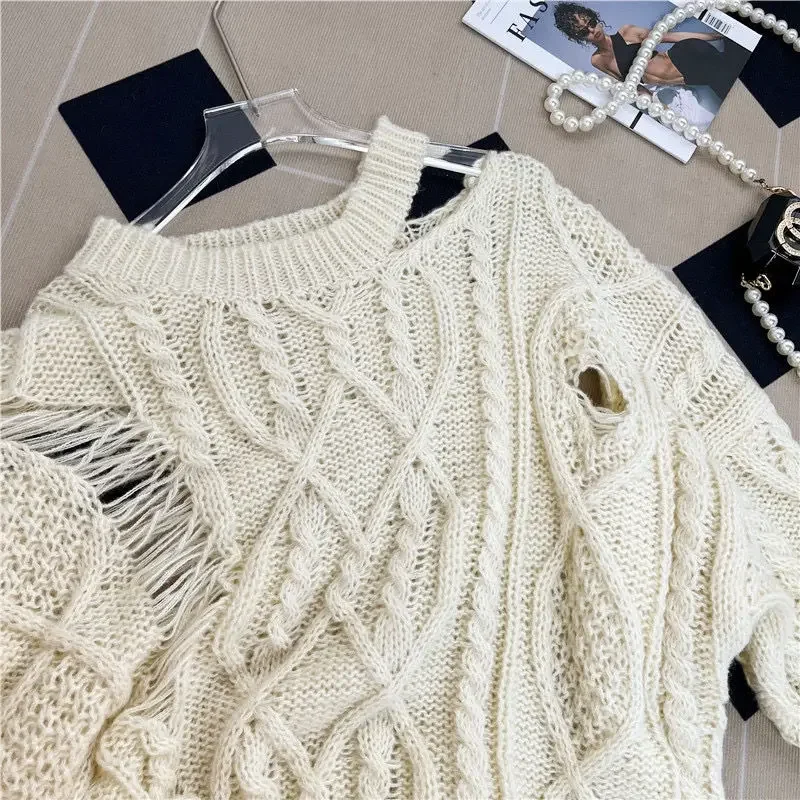 

Vintage Hole Knitted Pullover Spring Autumn New Tassel Top for Women Y2k Loose Long Sleeve Sweaters Mujer