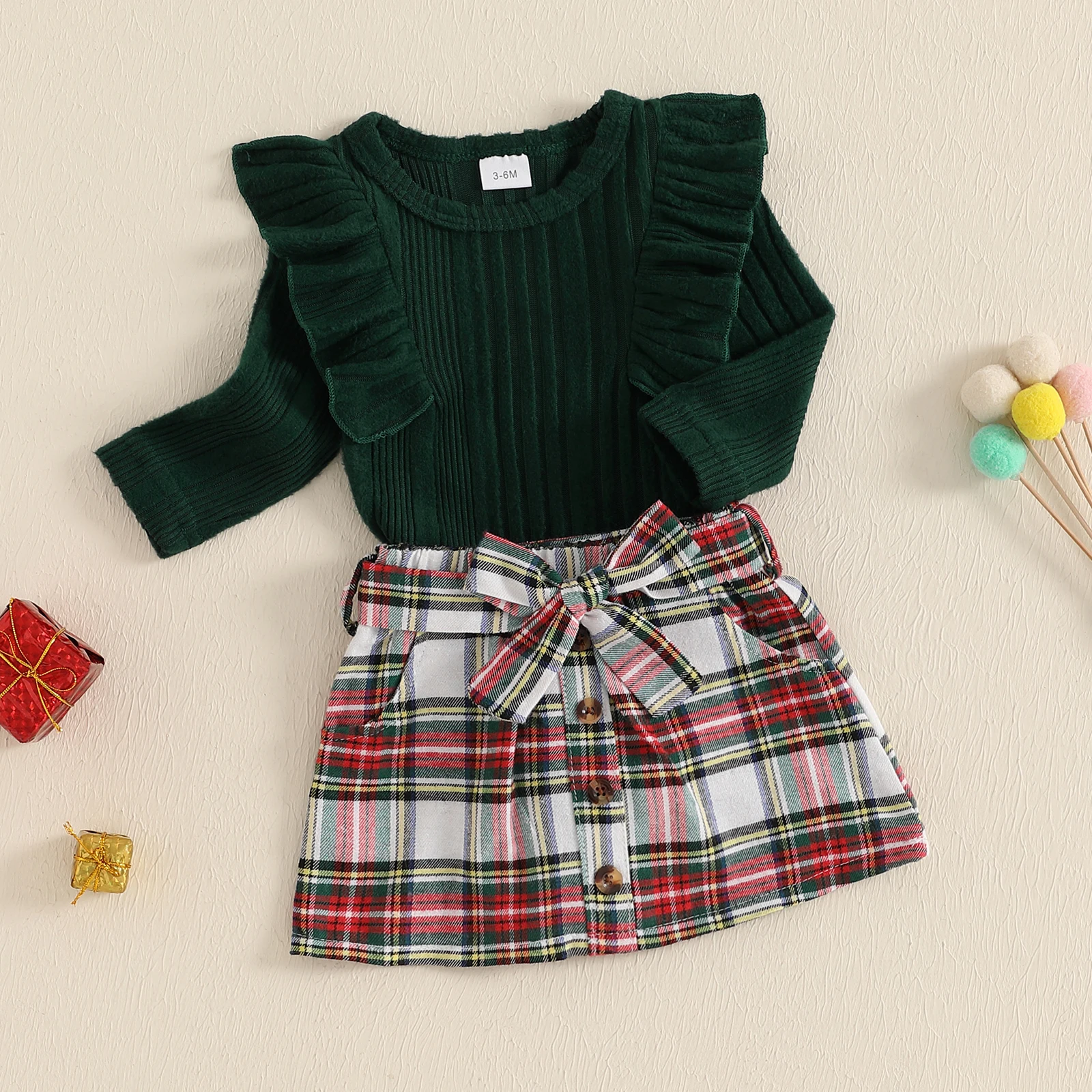 Newborn Baby Girl Fall Clothes Outfits Solid Ruffled Long Sleeve Romper and Plaid Button Mini Skirt Two-piece Christmas Sets