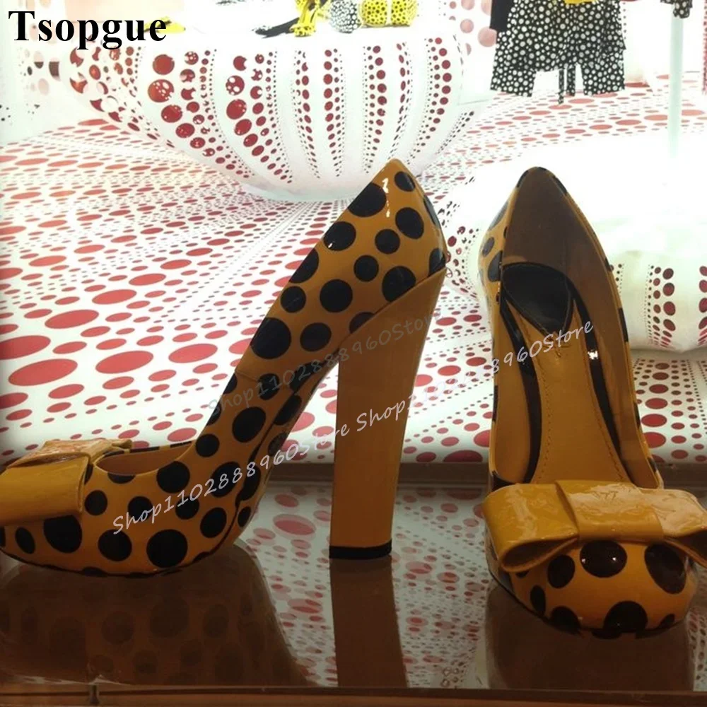 Elegante amarelo dot print bowknot bombas chunky sapatos de salto alto para mulher deslizamento no dedo do pé redondo 2025 moda zapatos para mujere