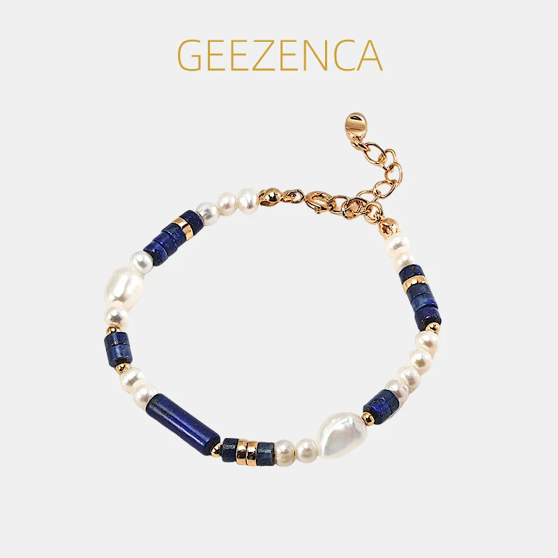 

GEEZENCA S925 Silver Baroque Pearl Lapis Lazuli Bead Strand Bracelet For Women Multi Stone Chic Luxury Bracelets 2024 New Gift