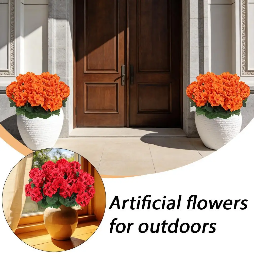 6 piezas de flores artificiales de geranio, resistentes a los rayos UV, flores de seda rojas, plantas artificiales para jardín, para caja de ventana, centro de mesa para el hogar