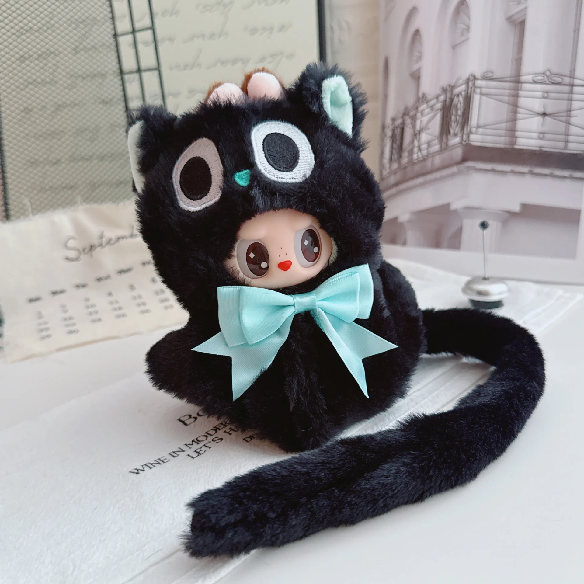 

10-17 см милая мультяшная одежда Labubu Kawaii, черное пальто с котом, пушистое мягкое пальто, кукла-идол, одежда, аксессуары, игрушки для девочек, подарки