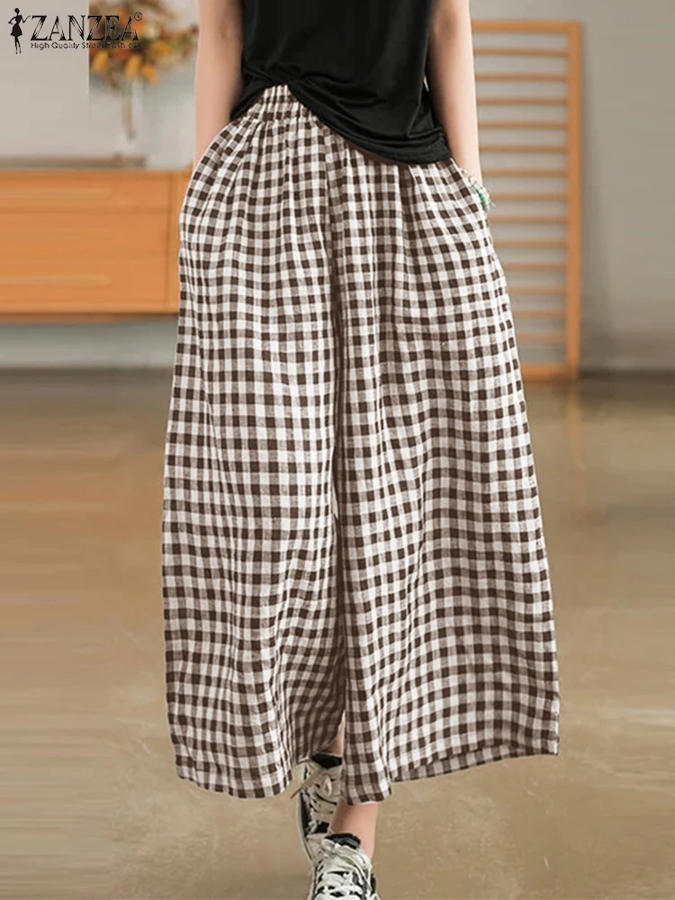 กางเกงวินเทจผู้หญิง 2025 ZANZEA กางเกงลายสก็อตฤดูใบไม้ร่วง ทรงหลวม ขากว้าง สไตล์ลำลอง เอวยางยืด ทรงปาลาซโซ่ เหมาะสำหรับทำงาน