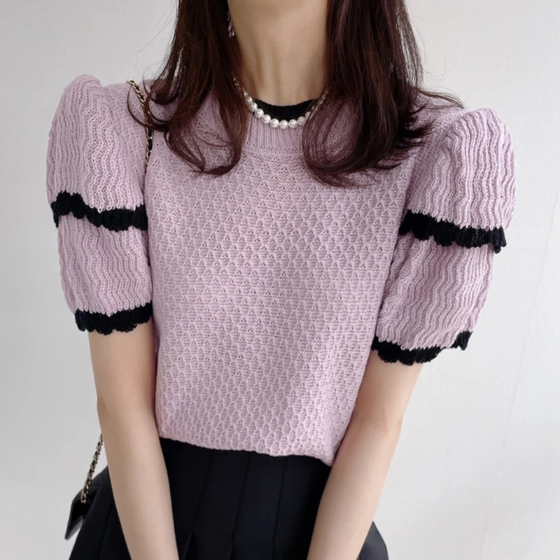 Casual Knitted T Shirt For Women Summer Tops Mujer Short Sleeve T Shirts Korean Style Slim Tee Shirt Femme Short Womens Clothing