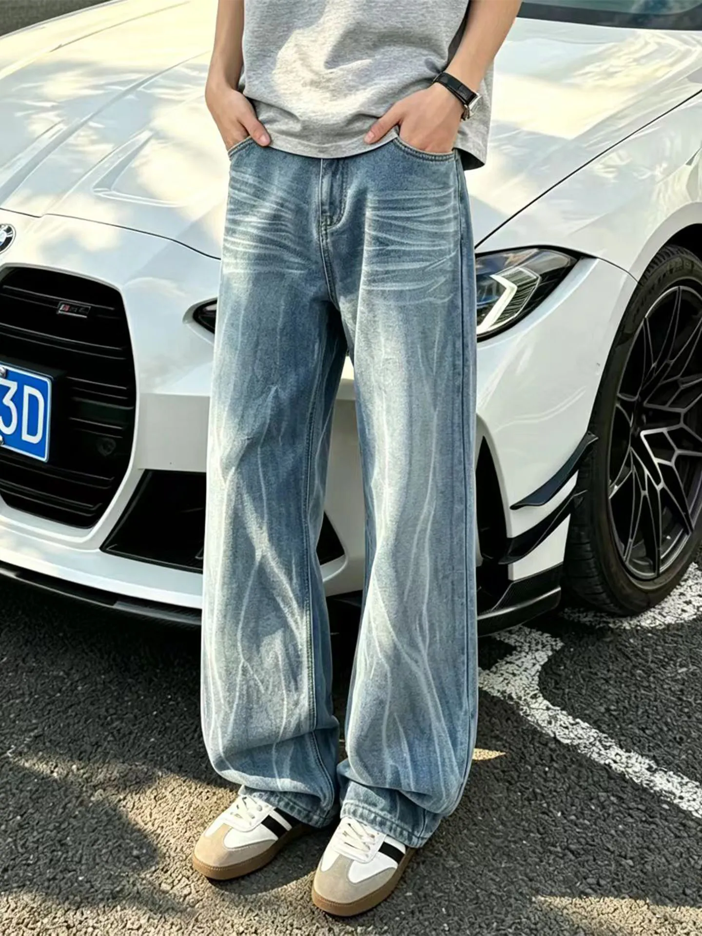 Washed Blue Lightning Pattern Men's Jeans High Street Vibe Straight Leg Micro Flared Pants Casual Wear Youth  Style