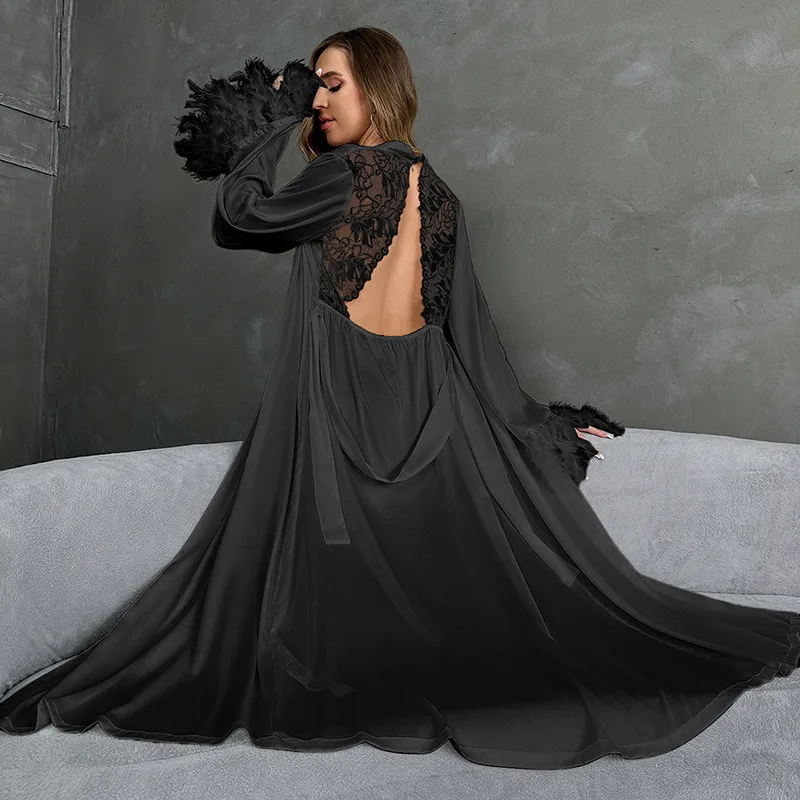 Female Back Hollow Out Long Robe Feather Cuff Kimono Bathrobe Silky Satin Sleepwear Loose Loungewear