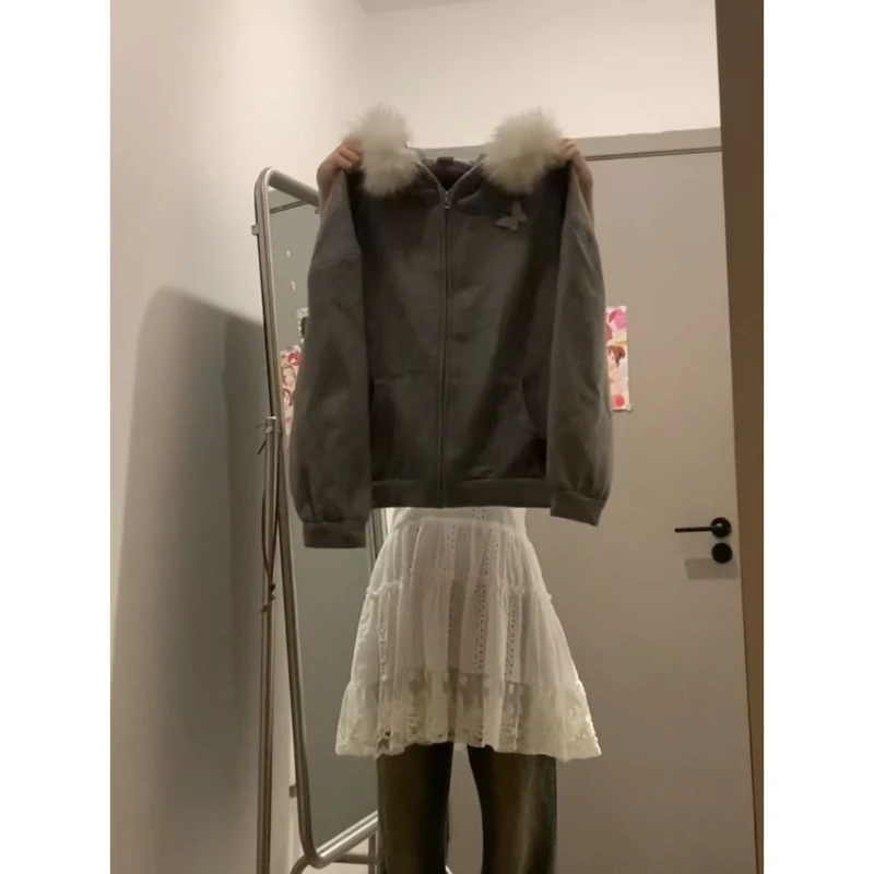 

American Vintage Outwear Zipper Butterfly Pattern Long Sleeve Pure Color Fashion Pocket Subculture Short Hooded Faux Fur Autumn