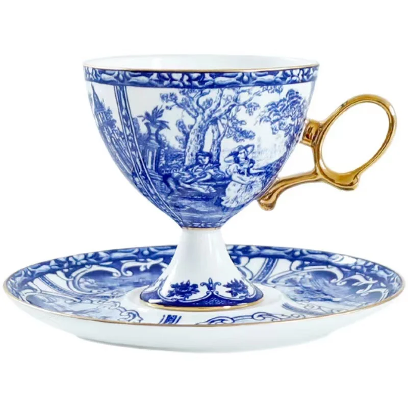 

European style palace style blue and white bone porcelain coffee cup and saucer with gift box