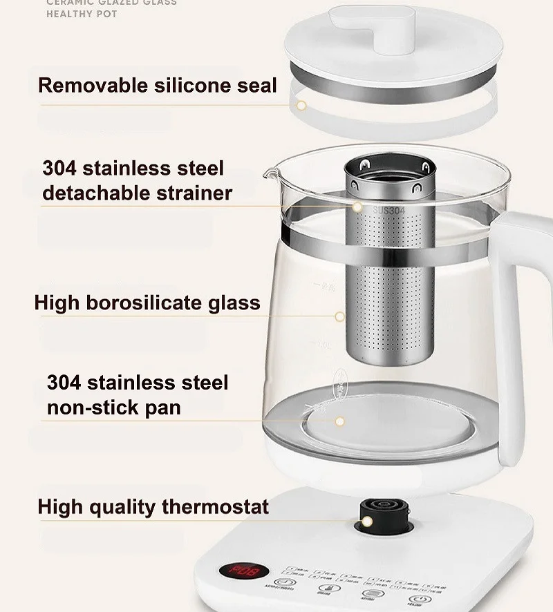 1.8L Electric Kettle Office Glass Flower Teapot Temperature Control Health Kettle 24h Appointment Stew Boil Kettle Multifunction