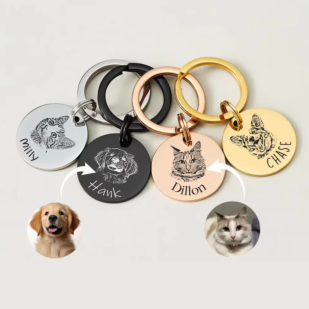 Porte-clés en acier inoxydable gravé sur mesure avec portrait d'animal de compagnie, étiquette commémorative personnalisée avec croquis de chien ou de chat, cadeau pour les amoureux des animaux