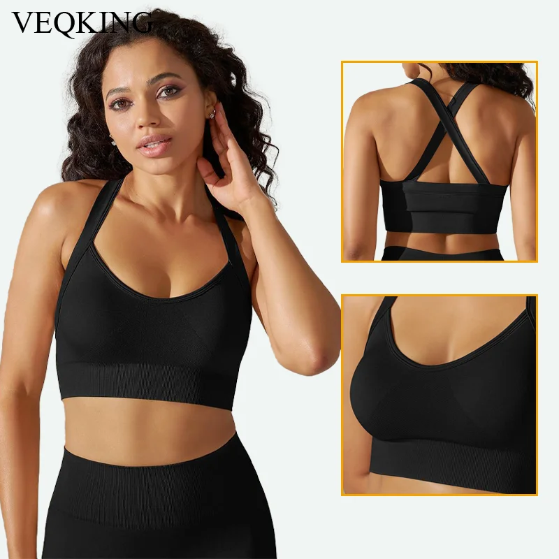 

VEQKING Cross Back Women Yoga Bra Seamless Quick Drying Sports Crop Tops Widen Straps Padded Gym Fitness Top Workout Running Bra