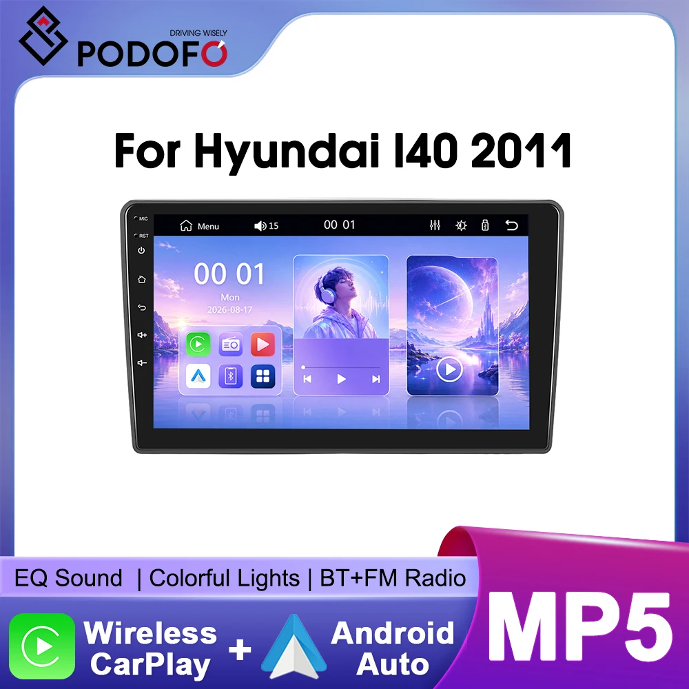Autoradio stereo Podofo da 9 pollici per Hyundai I40 2011 con CarPlay wireless, Android Auto, Bluetooth, Mirrorlink, lettore multimediale video