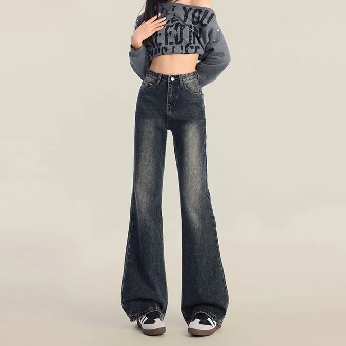 FINEWORDS Vintage Casual Winter Cashmere Bell Bottom Jeans Women Full Length Flared Jean Korean Streetwear High Waist Denim Pant