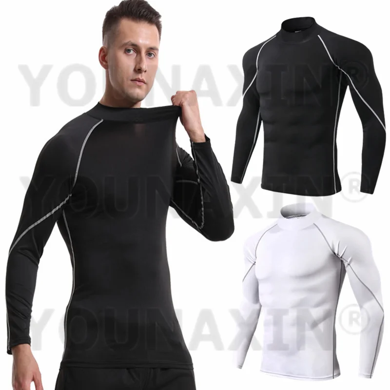 

Men's Black High-necked Sports Long Sleeves T-shirts Skinny Fitness Yoga Training Running White Cycling Top S M L XL 2XL 3XL