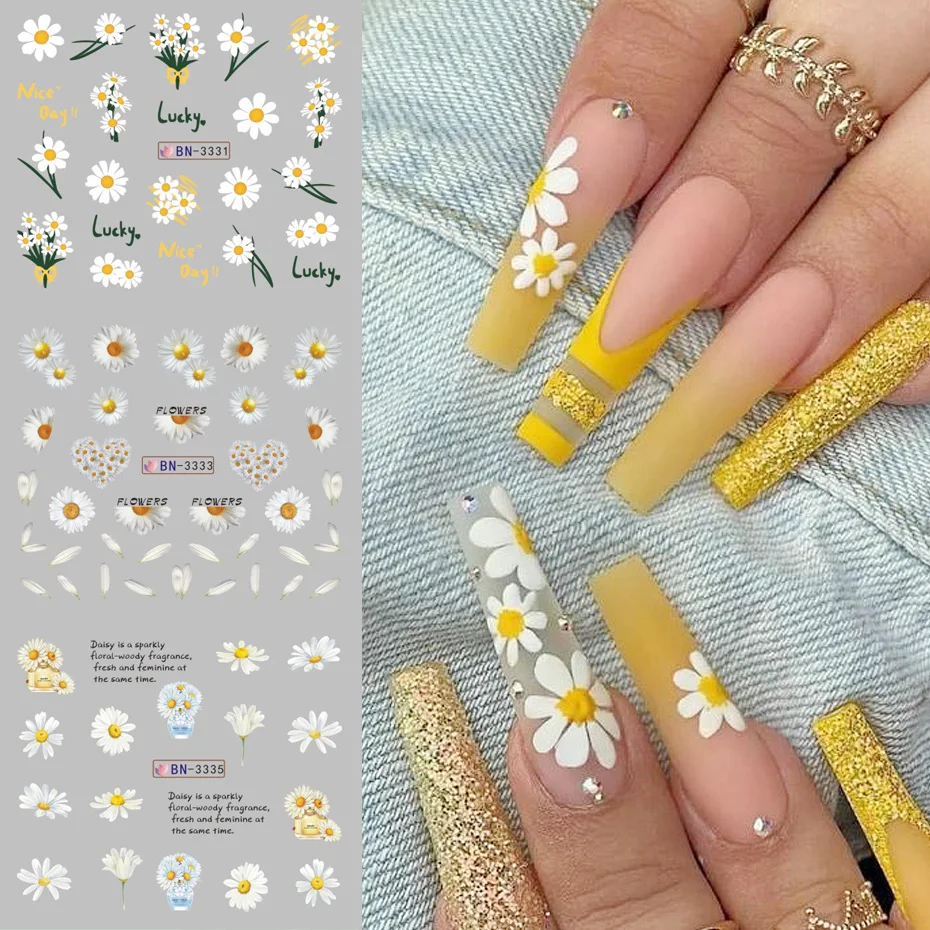 12 デザインひまわりデイジーネイルステッカー鮮やかな花の花水デカール転写箔スライダーマニキュア装飾