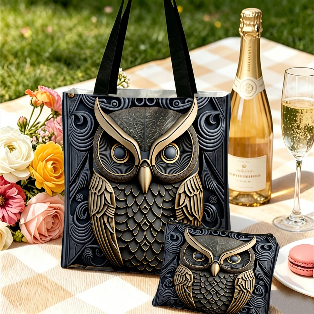 Chic Handbag Black And Gold Owl Pattern Tote Bags And Makeup Bag Combination Fashionable Everyday Use For Women Portable Pouch image 4
