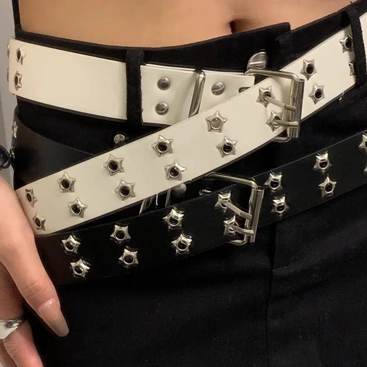 Y2K Punk PU Leather Belts Women Star Black White Waist Strap Men Double Row Hollow Trendy Waistband Jeans Skirt Decoration