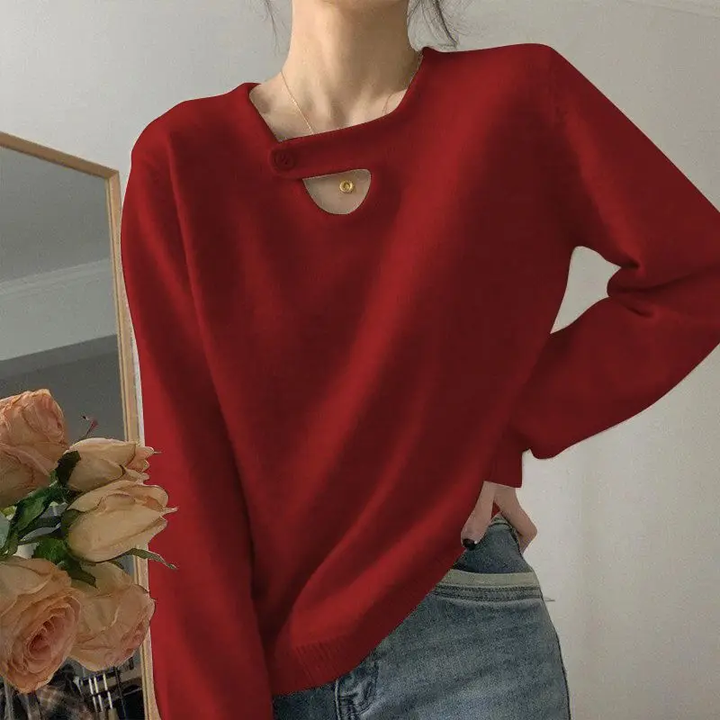 Buckle V-neck Pullover Shoulder Base Sweater Women's Autumn and Winter New Thick Inner Sweater Loose Lazy Style Top