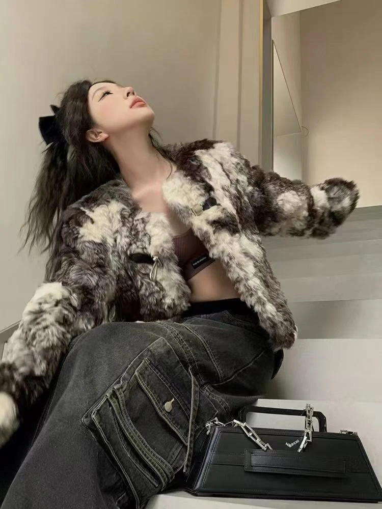 Faux Lamm Mantel Frauen Koreanische Lose Streetwear Alle Spiel Haarigen Pelz Crop Oberbekleidung Y2K Weibliche Herbst Winter Tie Dye Dicke Warme Mantel