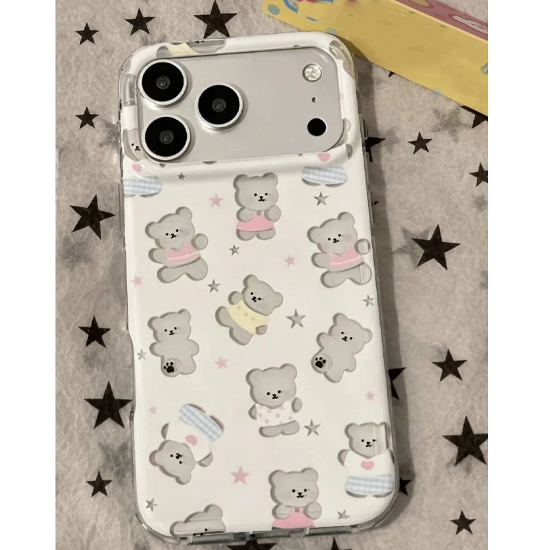 Ins Ancient Cute Star Bear Blue Floral Transparent Phone Case For IPhone 18 17 Air 16 15 Pro Max 14 13 12 11Pro Minimalist Cover