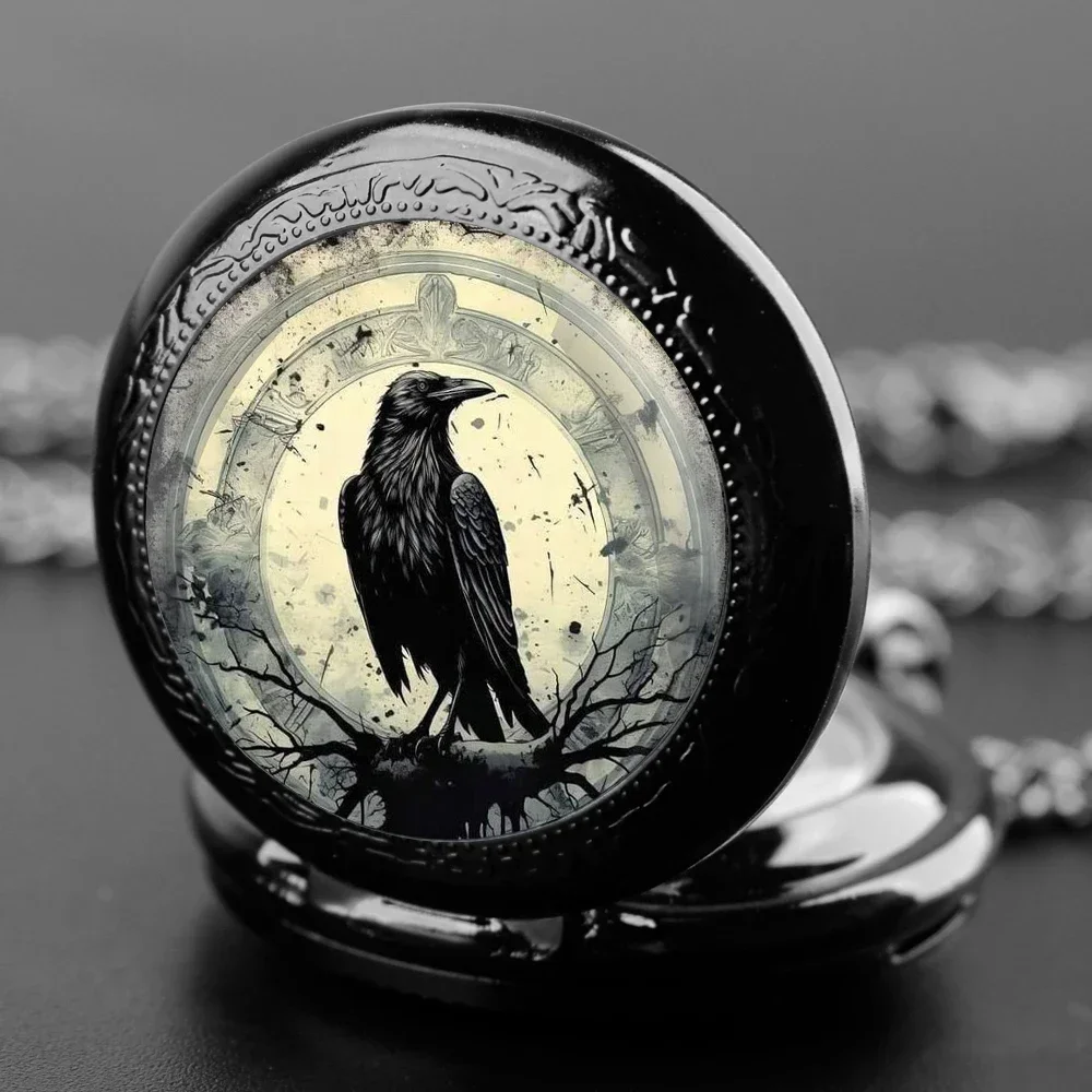 

Vintage Crow Glass Dome Quartz Pocket Watch Arabic Numeral Dial Vintage Men Women Necklace Pendant Creative Clock Gifts Relógio