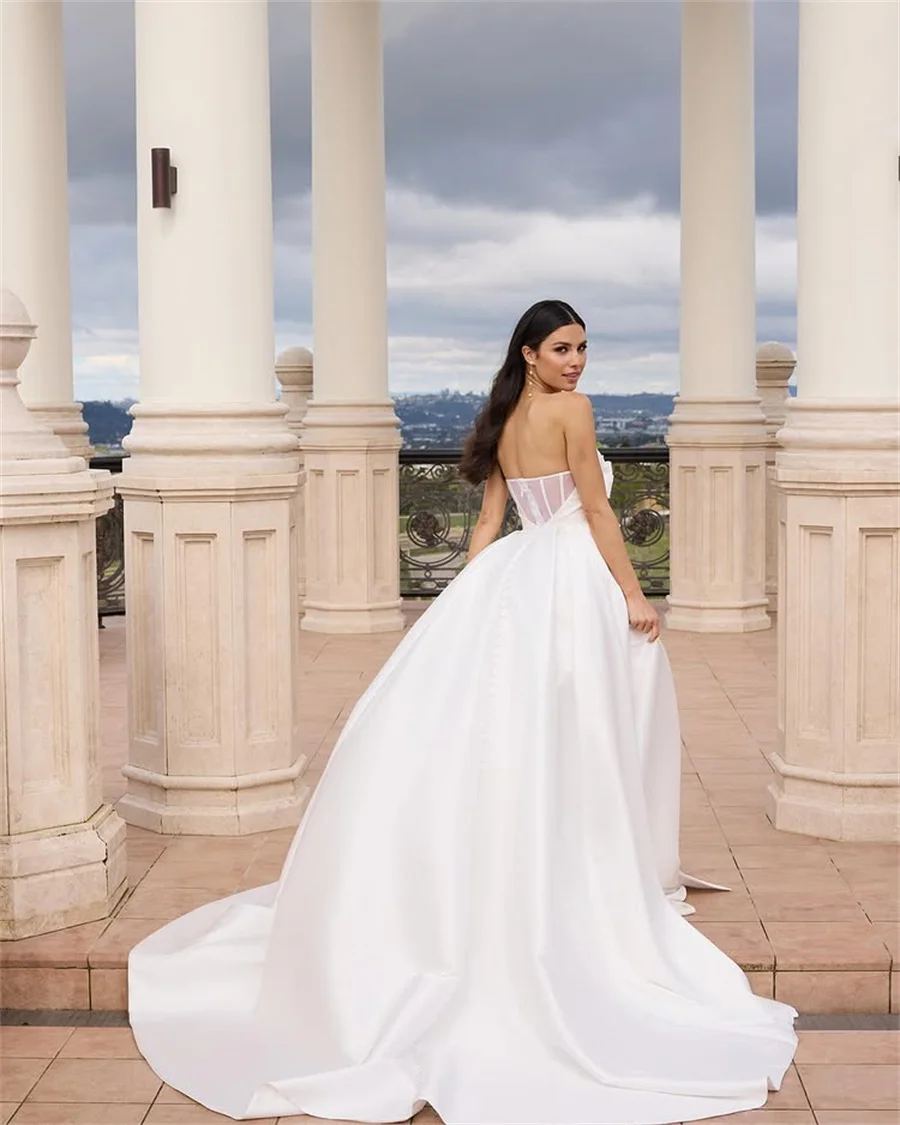 Customized Strapless Sleeveless Satin Wedding Dress Front Split A-line Back See Through Zipper With Buttons Custom Bridal Gowns