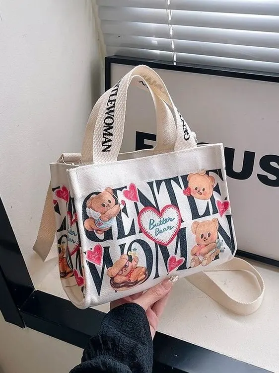 Adorable Large Capacity Commuter Butter Bear Tote Bag Single Shoulder Canvas Zipper Bag Magnetic Closure Universal Fashion