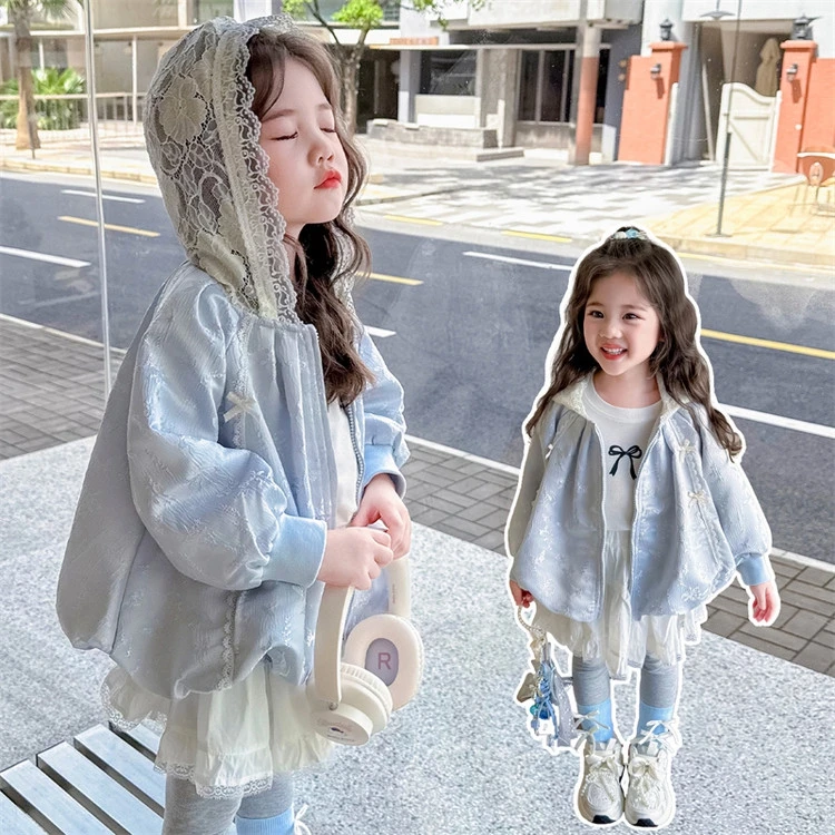 2026 Spring Autumn New 2 3 4 5 6 8 10 12 Years Children Clothing Fashion Sweet Cute Lace Hooded Coat Kids Baby Girls Thin Jacket