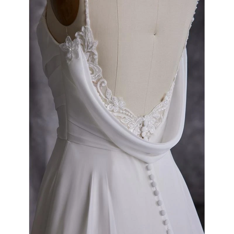 Simple Ivory Satin Chiffon A-Line Wedding Dresses Chapel Train Custom Made Floor-Length V-Neck Appliques  Bridal Gowns