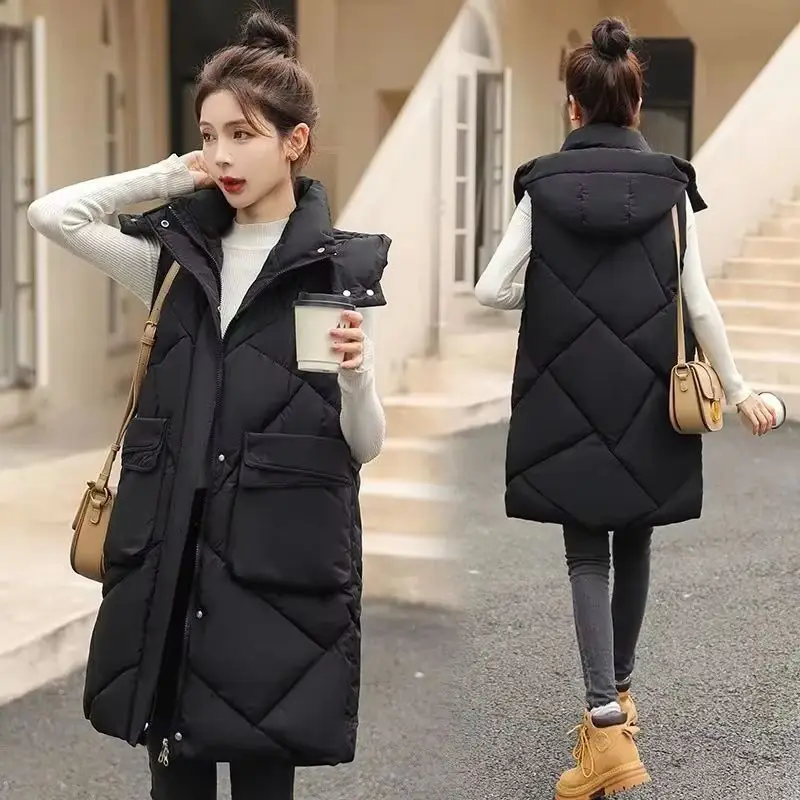 

Women's Fashion Loose Mid-Length Hooded Waistcoat Casual Thicken Warm Cotton Jacket Vest Autumn Winter down Outwear