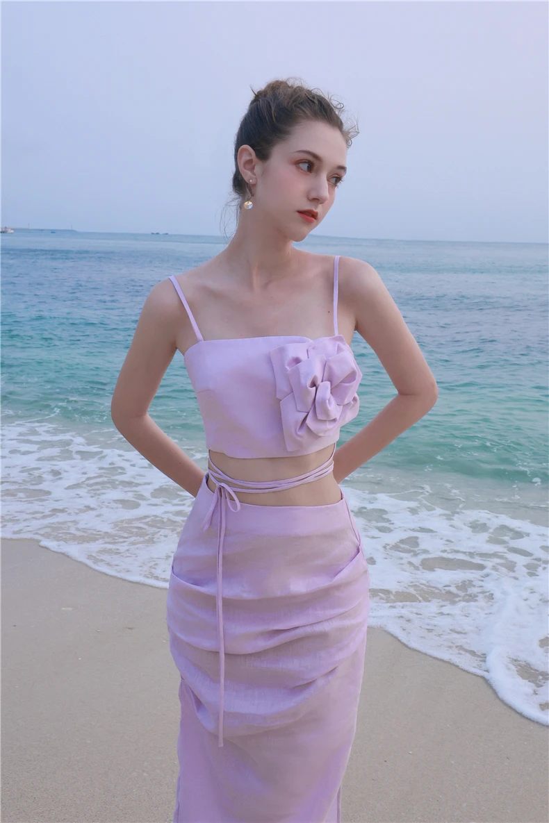 18118#Lavender Purple Flower Beach Women Dress 2 Pieces Summer Vacation Satin Sleeveless Evening Party Dresses Robe Ete Femme