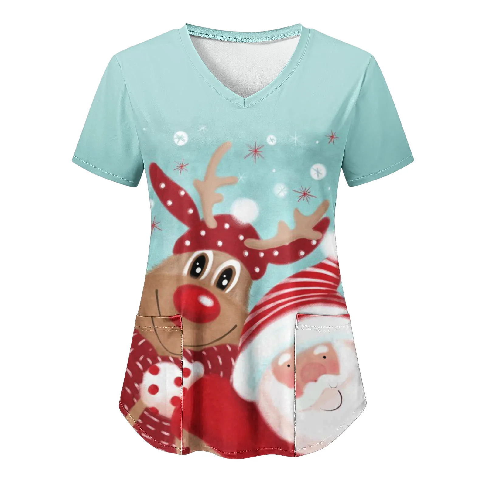 Women's Nursing Caring Uniform Casual V Neck Christmas Cute Cartoon Santa Reindeer Print Short Sleeve With Pocket Work Shirt Top