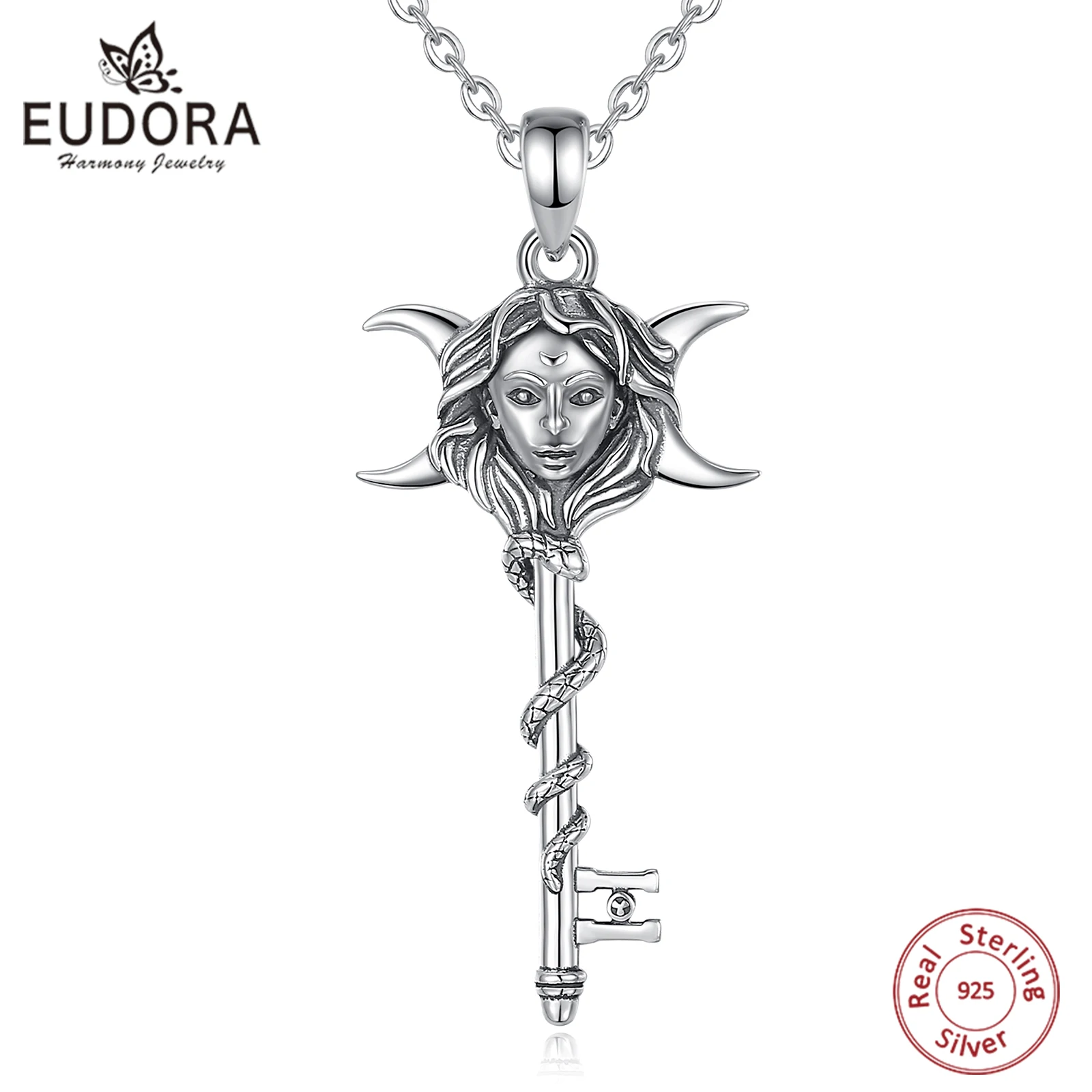 Eudora 925 Sterling Silver Hecate Necklace Snake Key Triple Moon Goddess Amulet Pendant Pagan Witch Jewelry Gift for Women Man