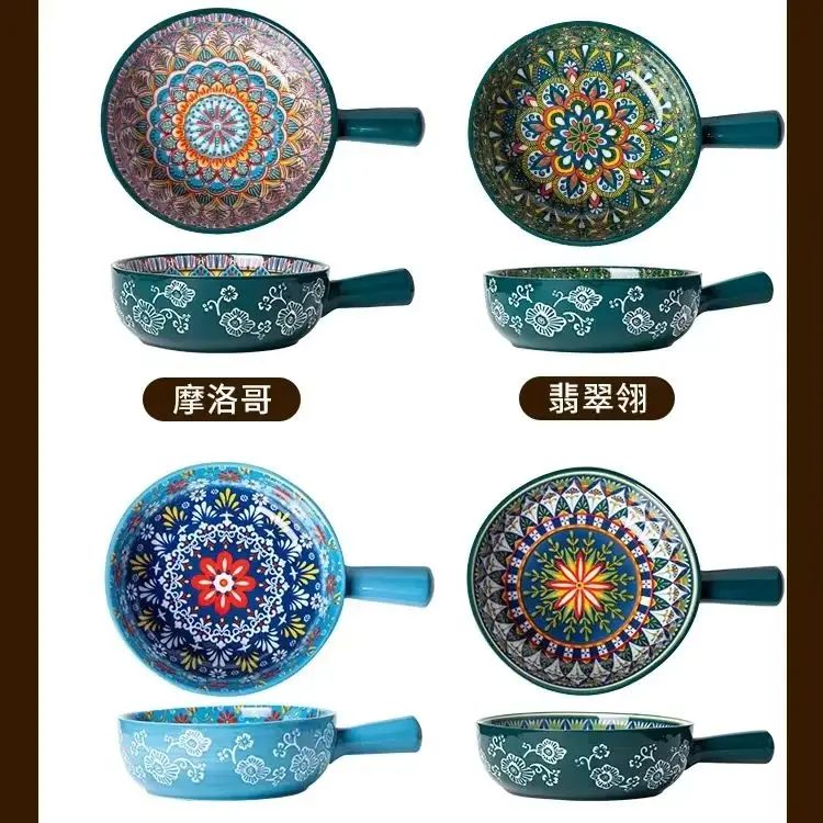 6.2In Retro Ceramic Handle Bowls Household Rice Bowls With Handles Instant Noodle Bowls Salad Bowls Air Fryer Baking Bowls