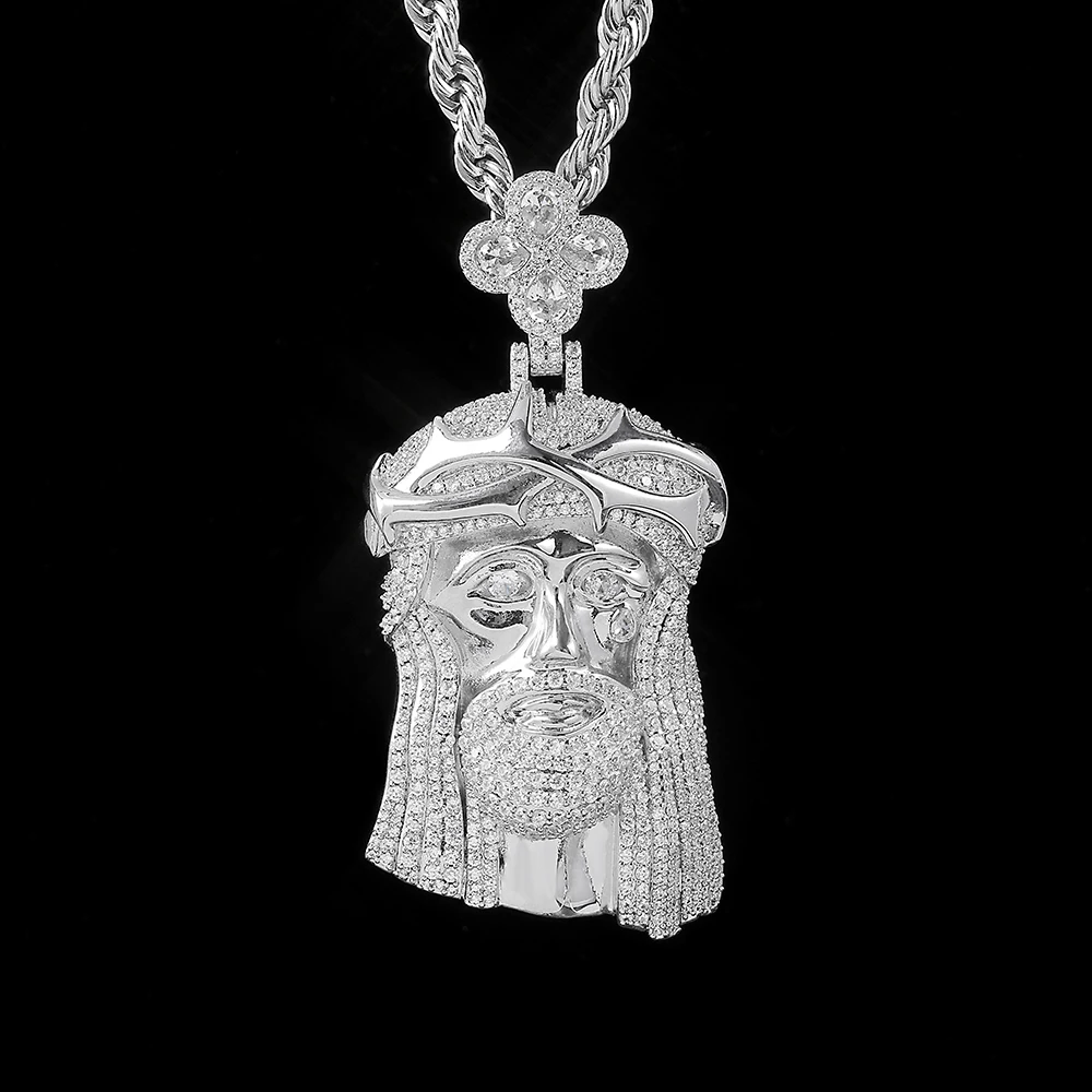 

NY Men's Diamond Jesus Head Pendant Necklace Inlaid Silver Gold Plated Christ Face Religious Jewelry