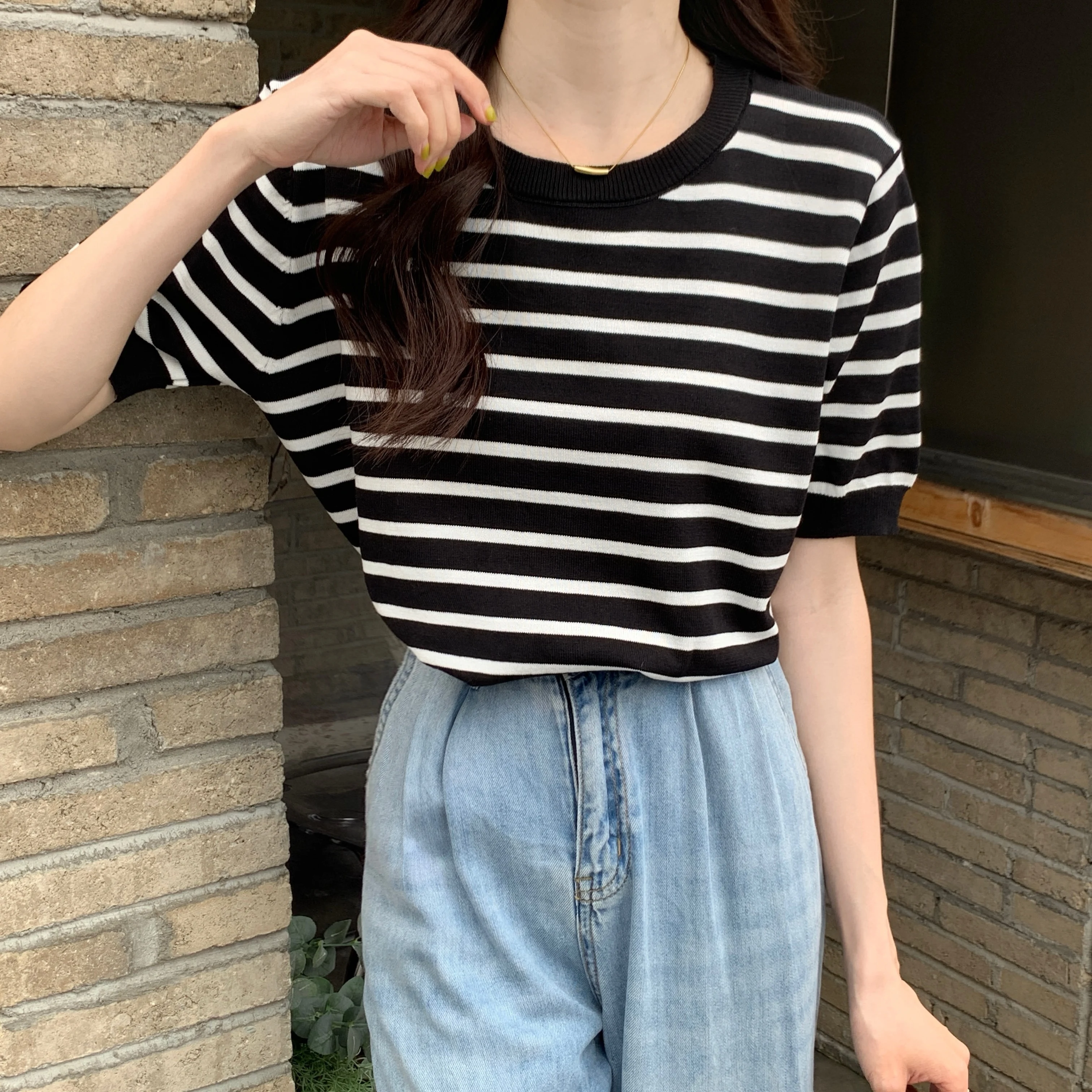 Knitted Sweater Women Pullovers O-Neck Short Sleeve Knitwears Knit Sweater Pullover Women Tops New Striped Sueter Feminino Q3443